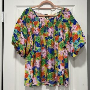 Easel Women's Size 1X Bubble Sleeve Floral Top Round Neck Key Hole Back Tie NWOT